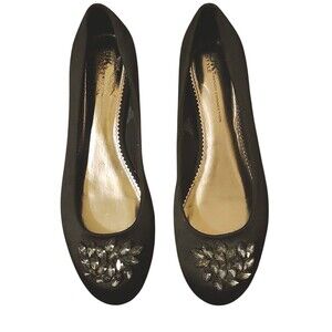 UK Style by French Connection Black Satin Embellished Women’s Flat Shoes  9.5